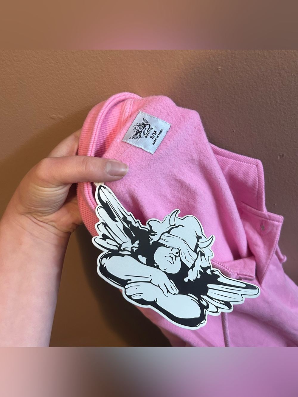 NWT Boys Lie Head In The Clouds Henley Cropped Crew Sweatshirt Pink S/M - Picture 4 of 6
